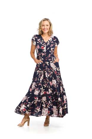 PD-16719 - FLORAL SHORT SLEEVE MAXI DRESS WITH LACE INSET AND POCKETS - Colors: AS SHOWN - Available Sizes:XS-XXL - Catalog Page:2 